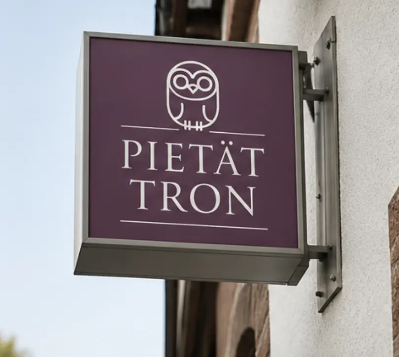 Schild der Pietät Tron mit der Memoro Eule