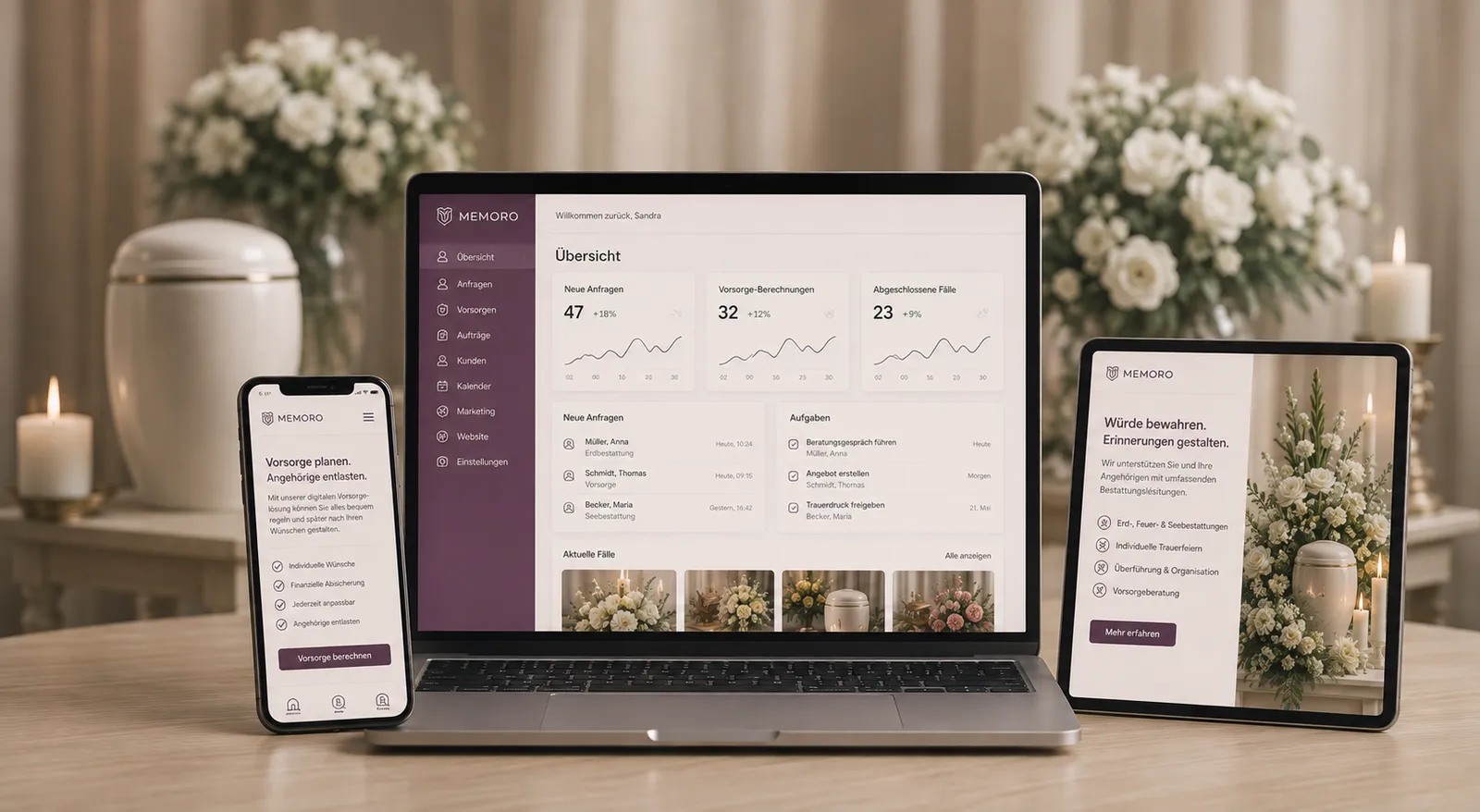 Memoro Software auf Laptop, Tablet und Smartphone