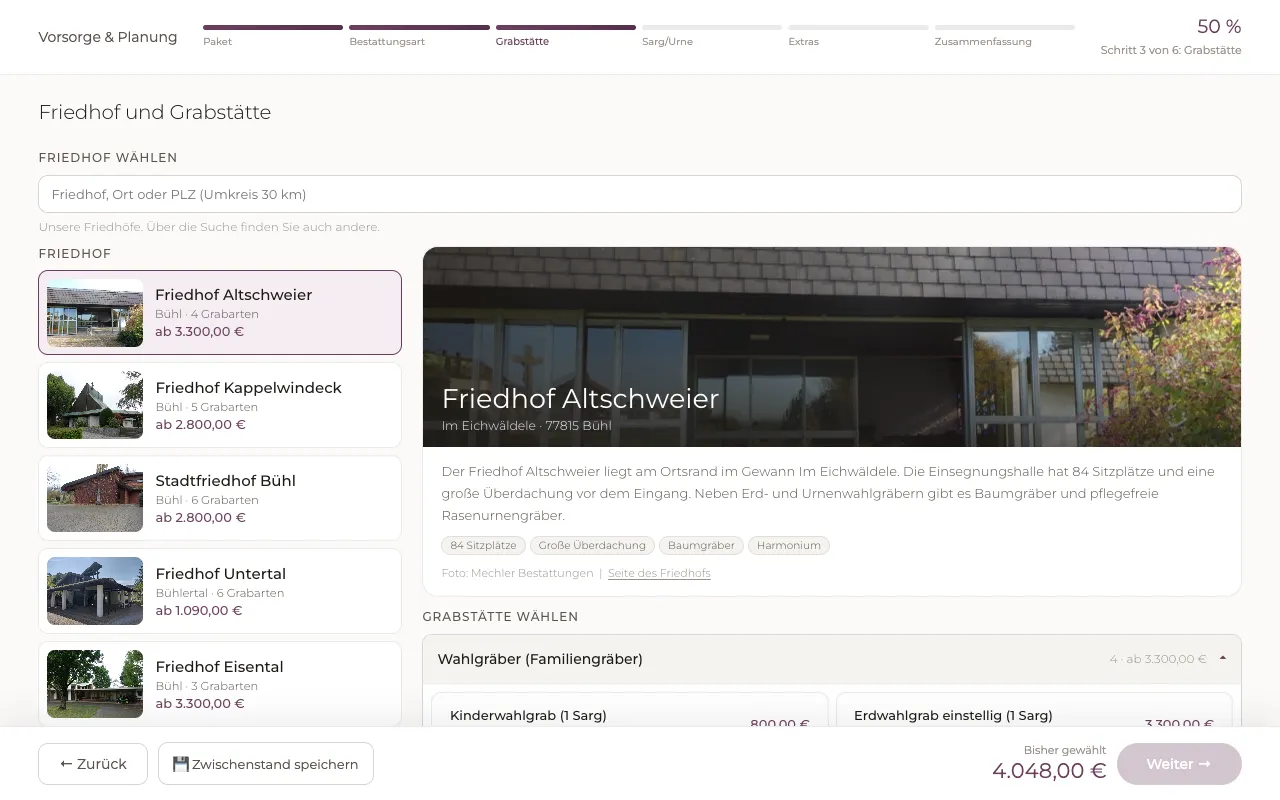 Kostenkonfigurator mit Friedhöfen und Grabarten